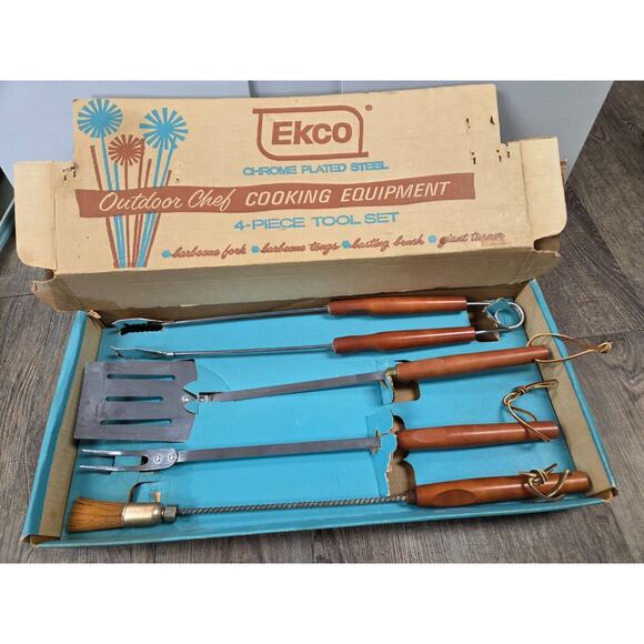 Vintage Ekco Barbecue 4 Pc Tool Set New In Box Fork Brush Turner Wood Handles